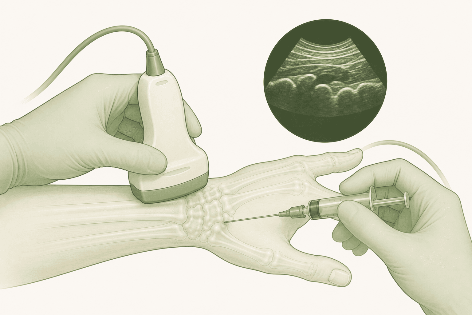 Ilustração de infiltração guiada por ultrassom no punho